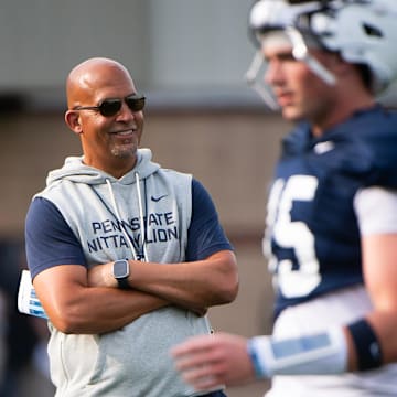 Penn State football head coach James Franklin smiles during a practice session outside Holuba Hall.