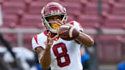 Sep 10, 2022; Stanford, California, USA;  USC Trojans wide receiver CJ Williams (8) catches the ball during warm ups before the start of the first quarter against the Stanford Cardinal at Stanford Stadium. Mandatory Credit: Stan Szeto-Imagn Images