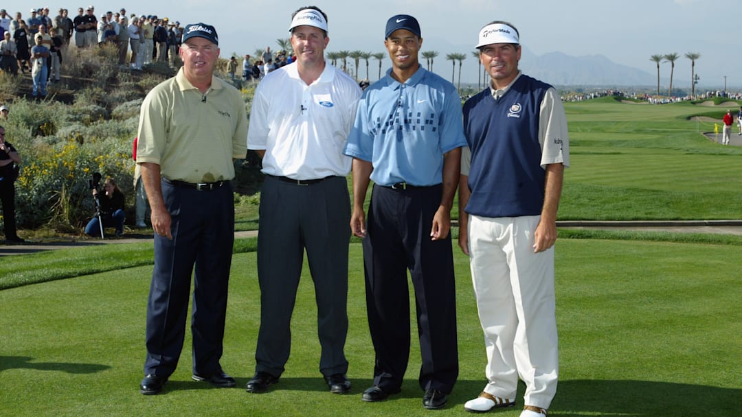Mark O'Meara, Phil Mickelson, Tiger Woods, and Fred Couples pose before the The Skins Game.