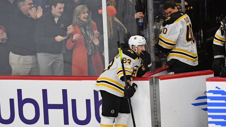 Jan 13, 2020; Philadelphia, Pennsylvania, USA; Boston Bruins left wing Brad Marchand (63) leans against the bench after losing to the Philadelphia Flyers during the shootout period at Wells Fargo Center.