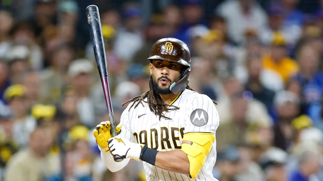 Apr 28, 2026; San Diego, California, USA; San Diego Padres second baseman Fernando Tatis Jr. (23) reacts after a ball call during the fifth inning against the Chicago Cubs at Petco Park. Mandatory Credit: David Frerker-Imagn Images