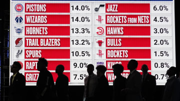 May 12, 2024; Chicago, IL, USA; Representatives of the 14 NBA teams wait to go on stage during the