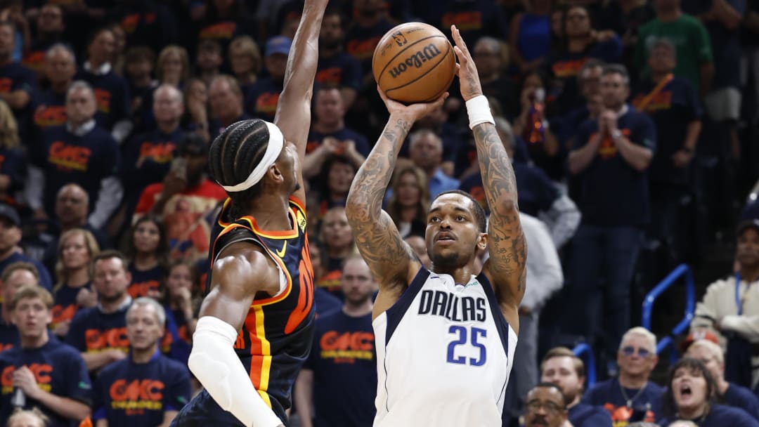 May 15, 2024; Oklahoma City, Oklahoma, USA; Dallas Mavericks forward P.J. Washington (25) shoots as Oklahoma City Thunder guard Shai Gilgeous-Alexander (2) defends during the second half of game five of the second round for the 2024 NBA playoffs at Paycom Center. Mandatory Credit: Alonzo Adams-USA TODAY Sports