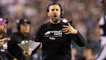 Oct 16, 2022; Philadelphia, Pennsylvania, USA; Philadelphia Eagles head coach Nick Sirianni reacts to a play against the Dallas Cowboys during the second quarter at Lincoln Financial Field. Mandatory Credit: Bill Streicher-Imagn Images