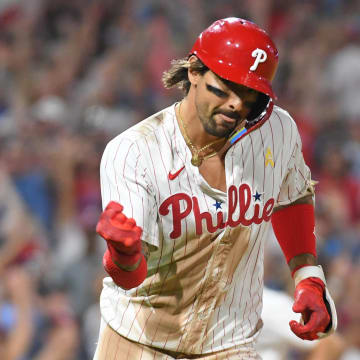 Sep 1, 2024; Philadelphia, Pennsylvania, USA;  Philadelphia Phillies outfielder Nick Castellanos celebrates his walk-off single.