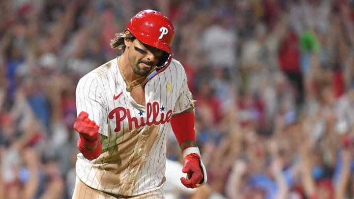 Sep 1, 2024; Philadelphia, Pennsylvania, USA;  Philadelphia Phillies outfielder Nick Castellanos celebrates his walk-off single.