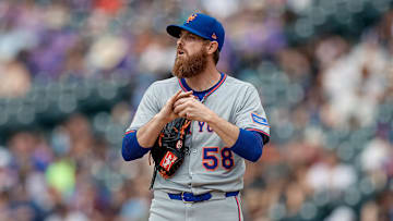 Jun 8, 2025; Denver, Colorado, USA; New York Mets relief pitcher Paul Blackburn (58) in the eighth inning against the Colorado Rockies at Coors Field. Mandatory Credit: Isaiah J. Downing-Imagn Images
