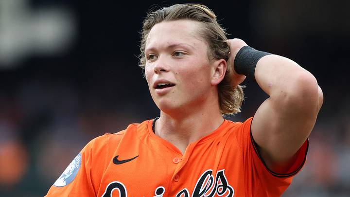 Jul 12, 2025; Baltimore, Maryland, USA; Baltimore Orioles second baseman Jackson Holliday (7) looks on during the eighth inning against the Miami Marlins at Oriole Park at Camden Yards. Mandatory Credit: Daniel Kucin Jr.-Imagn Images