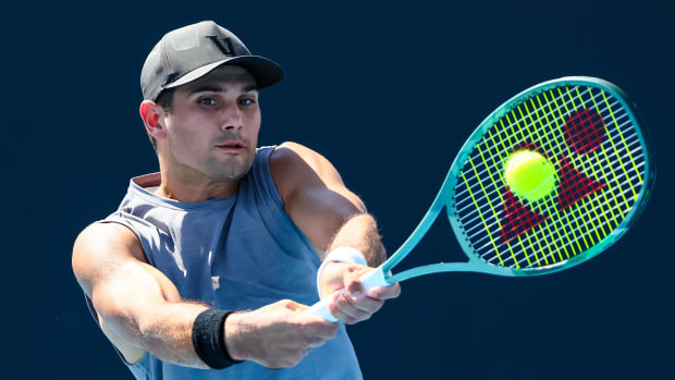 Marcos Giron hits a shot in practice ahead of the Australian Open.