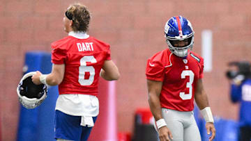New York Giants quarterbacks Jaxson Dart and Russell Wilson