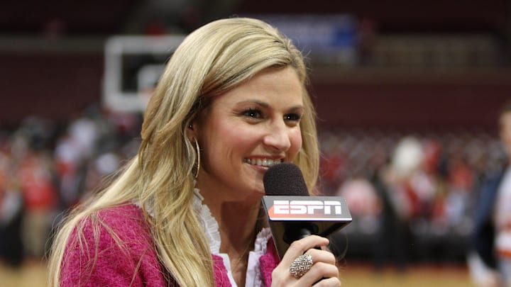 Feb 24, 2009; Columbus, OH, USA; ESPN reporter Erin Andrews talks on-air at the end of the game of Penn State Nittany Lions against the Ohio State Buckeyes at Value City Arena. The Buckeyes beat the Nittany Lions 73-59. Mandatory Credit: Matthew Emmons-USA TODAY Sports