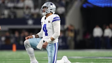 Jan 14, 2024; Arlington, Texas, USA; Dallas Cowboys quarterback Dak Prescott (4) reacts after a play against the Green Bay Packers during the second half for the 2024 NFC wild card game at AT&T Stadium. Mandatory Credit: Kevin Jairaj-Imagn Images