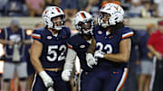 Sep 20, 2025; Charlottesville, Virginia, USA; Virginia Cavaliers defensive lineman Jacob Holmes (23) celebrates with teammates after recording a sack against the Stanford Cardinal during the third quarter at Scott Stadium. Mandatory Credit: Geoff Burke-Imagn Images