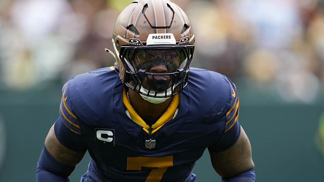 Nov 2, 2025; Green Bay, Wisconsin, USA; Green Bay Packers linebacker Quay Walker (7) during the game against the Carolina Panthers at Lambeau Field. Nov 2, 2025; Green Bay, Wisconsin, USA; Green Bay Packers linebacker Quay Walker (7) during the game against the Carolina Panthers at Lambeau Field.