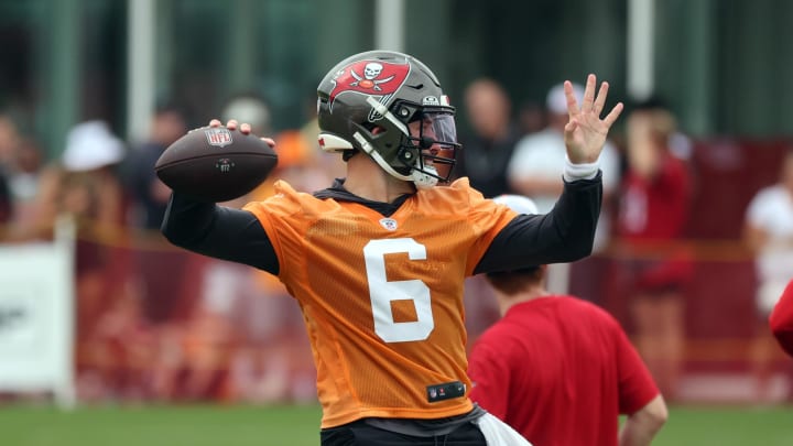 Jul 25, 2024; Tampa, FL, USA;  Tampa Bay Buccaneers quarterback Baker Mayfield (6) throws the ball during training camp at AdventHealth Training Center. Mandatory Credit: Kim Klement Neitzel-USA TODAY Sports