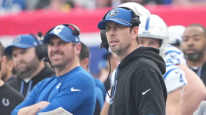 Dec 29, 2024; East Rutherford, New Jersey, USA; Indianapolis Colts head coach Shane Steichen watches downfield against the New York Giants at MetLife Stadium. Mandatory Credit: Robert Deutsch-Imagn Images Dec 29, 2024; East Rutherford, New Jersey, USA; Indianapolis Colts head coach Shane Steichen watches downfield against the New York Giants at MetLife Stadium. Mandatory Credit: Robert Deutsch-Imagn Images