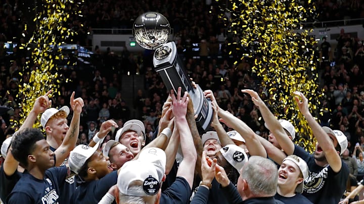 Purdue Boilermakers celebrate after winning the Big Ten regular season championship 