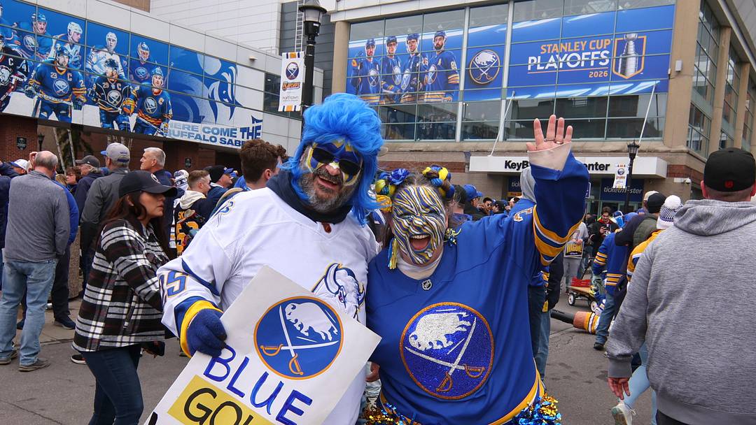 Apr 19, 2026; Buffalo, New York, USA; Buffalo Sabres fans wait for the doors to open before a game against the Boston Bruins in game one of the first round of the 2026 Stanley Cup Playoffs at KeyBank Center. Mandatory Credit: Timothy T. Ludwig-Imagn Images