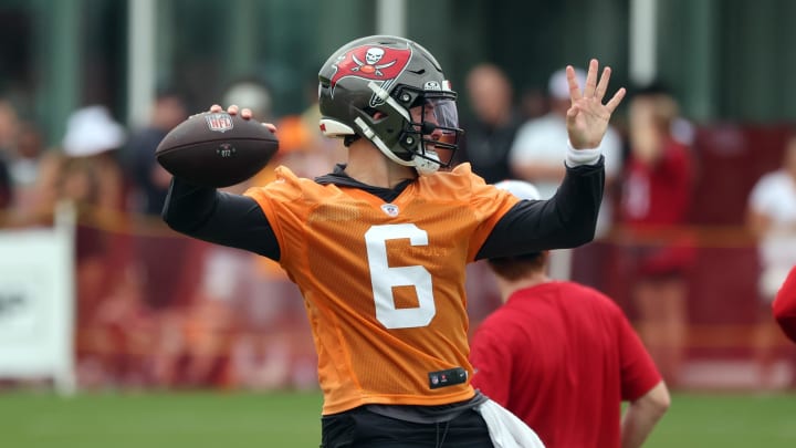 Jul 25, 2024; Tampa, FL, USA;  Tampa Bay Buccaneers quarterback Baker Mayfield (6) throws the ball during training camp at AdventHealth Training Center. Mandatory Credit: Kim Klement Neitzel-USA TODAY Sports