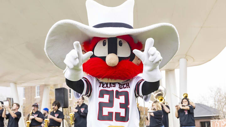 Mar 22, 2025; Wichita, KS, USA; Texas Tech Red Raiders mascot Raider Red gestures outside the arena before the game between the Texas Tech Red Raiders and the Drake Bulldogs at Intrust Bank Arena. Mandatory Credit: Nick Tre. Smith-Imagn Images