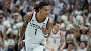 Mar 5, 2025; Storrs, Connecticut, USA; UConn Huskies guard Solo Ball (1) reacts after his three point basket against the Marquette Golden Eagles in the first half at Harry A. Gampel Pavilion. Mandatory Credit: David Butler II-Imagn Images