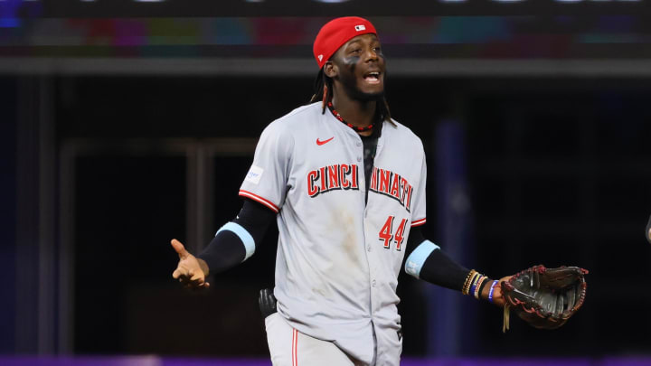 Aug 5, 2024; Miami, Florida, USA; Cincinnati Reds shortstop Elly De La Cruz (44) celebrates with second baseman Jonathan India (6) after the game against the Miami Marlins at loanDepot Park. Mandatory Credit: Sam Navarro-USA TODAY Sports