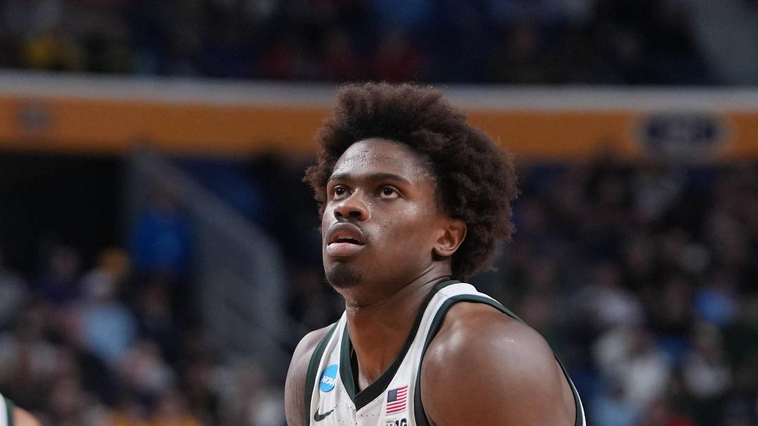 Mar 21, 2026; Buffalo, NY, USA; Michigan State Spartans forward Coen Carr (55) prepares for a free throw in the second half against the Louisville Cardinals during a second round game of the men's 2026 NCAA Tournament at Keybank Center. Mandatory Credit: Gregory Fisher-Imagn Images