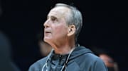 Mar 27, 2025; Indianapolis, IN, USA; Tennessee Volunteers head coach Rick Barnes looks on during the NCAA tournament midwest regional practice day at Lucas Oil Stadium. Mandatory Credit: Robert Goddin-Imagn Images