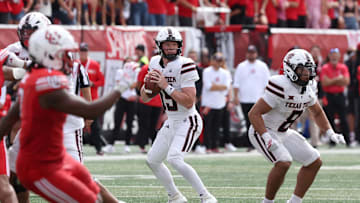 Sep 20, 2025; Salt Lake City, Utah, USA; Texas Tech Red Raiders quarterback Will Hammond (15) looks to pass the ball against the Utah Utes during the fourth quarter at Rice-Eccles Stadium. Mandatory Credit: Rob Gray-Imagn Images