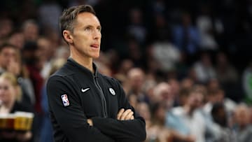 Oct 14, 2022; Minneapolis, Minnesota, USA; Brooklyn Nets head coach Steve Nash looks on during the first quarter against the Minnesota Timberwolves at Target Center. Mandatory Credit: Matt Krohn-Imagn Images