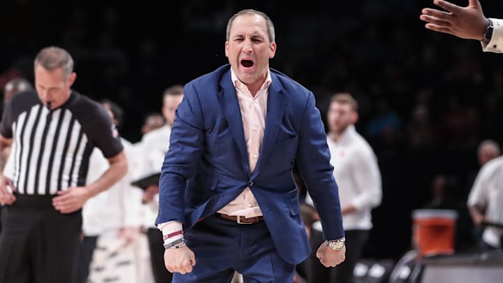 Mar 11, 2023; Brooklyn, NY, USA;  Fordham Rams head coach Keith Urgo reacts after a call in the second half against the Dayton Flyers at Barclays Center. Mandatory Credit: Wendell Cruz-Imagn Images