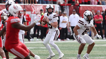 Sep 20, 2025; Salt Lake City, Utah, USA; Texas Tech Red Raiders quarterback Will Hammond (15) looks to pass the ball against the Utah Utes during the fourth quarter at Rice-Eccles Stadium. Mandatory Credit: Rob Gray-Imagn Images
