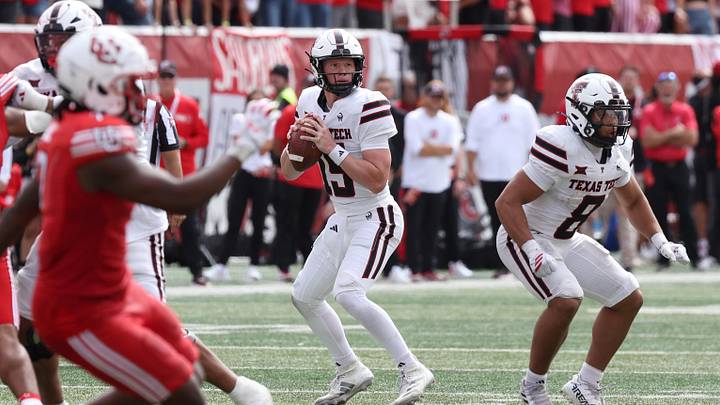 Sep 20, 2025; Salt Lake City, Utah, USA; Texas Tech Red Raiders quarterback Will Hammond (15) looks to pass the ball against the Utah Utes during the fourth quarter at Rice-Eccles Stadium. Mandatory Credit: Rob Gray-Imagn Images