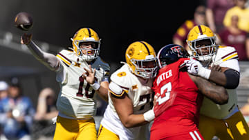Oct 18, 2025; Tempe, Arizona, USA; Arizona State Sun Devils quarterback Sam Leavitt (10) against the Texas Tech Red Raiders in the first half at Mountain America Stadium. Mandatory Credit: Mark J. Rebilas-Imagn Images