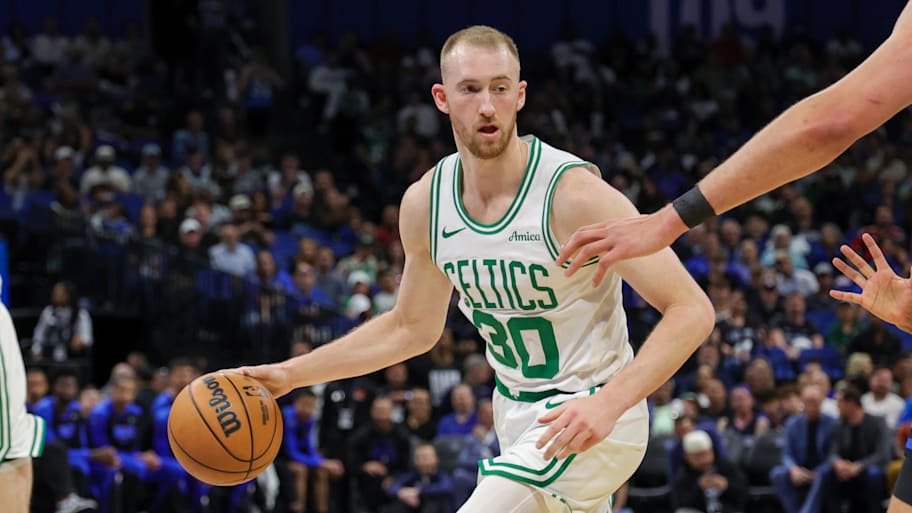 Boston Celtics forward Sam Hauser dribbles the ball. | Mike Watters-Imagn Images