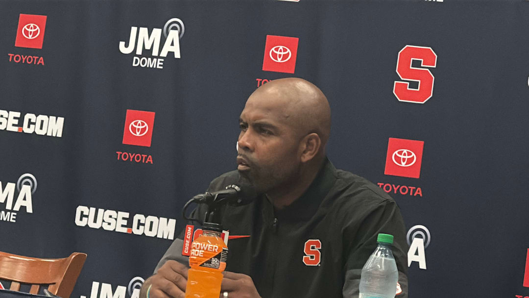 Syracuse head coach Fran Brown at the postgame press conference. 