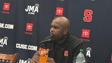 Syracuse head coach Fran Brown at the postgame press conference. 