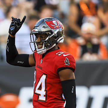 Aug 10, 2024; Cincinnati, Ohio, USA; Tampa Bay Buccaneers cornerback Bryce Hall (34) reacts after a play in the first half against the Cincinnati Bengals at Paycor Stadium. Mandatory Credit: Katie Stratman-Imagn Images