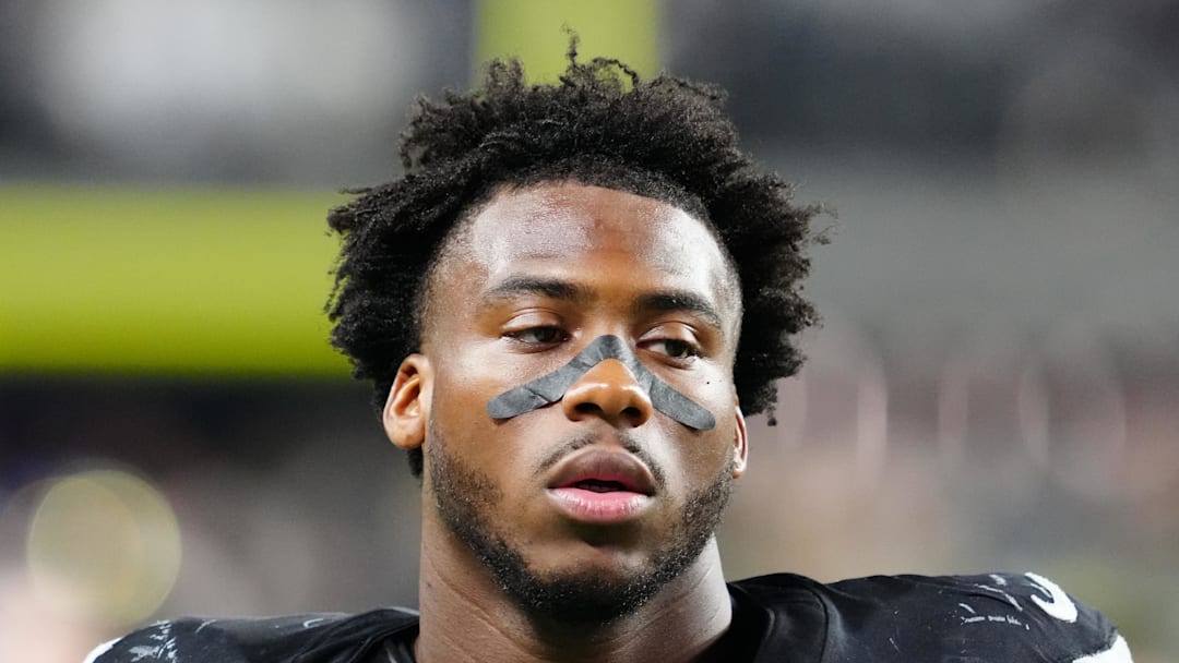 Nov 17, 2025; Paradise, Nevada, USA; Las Vegas Raiders defensive end Malcolm Koonce (51) reacts after the game against the Dallas Cowboys at Allegiant Stadium. Mandatory Credit: Stephen R. Sylvanie-Imagn Images