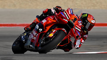 Apr 12, 2024; Austin, TX, USA; Francesco Bagnaia (1) of Italy and Ducati Lenovo Team during practice for the MotoGP Grand Prix of the Americas at Circuit of The Americas. Mandatory Credit: Jerome Miron-Imagn Images