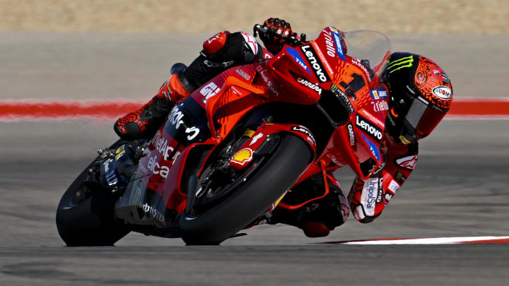 Apr 12, 2024; Austin, TX, USA; Francesco Bagnaia (1) of Italy and Ducati Lenovo Team during practice for the MotoGP Grand Prix of the Americas at Circuit of The Americas. Mandatory Credit: Jerome Miron-USA TODAY Sports