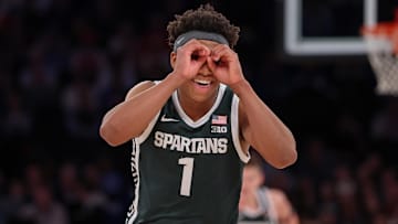 Nov 18, 2025; New York, New York, USA; Michigan State Spartans guard Jeremy Fears Jr. (1) reacts during the second half against the Kentucky Wildcats at Madison Square Garden. Mandatory Credit: Vincent Carchietta-Imagn Images