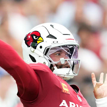 Sep 15, 2024; Glendale, Arizona, USA; Arizona Cardinals quarterback Kyler Murray (1) throws against the Los Angeles Rams during the first half at State Farm Stadium. Mandatory Credit: Joe Camporeale-Imagn Images