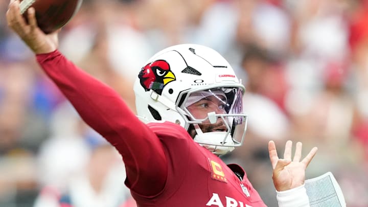 Sep 15, 2024; Glendale, Arizona, USA; Arizona Cardinals quarterback Kyler Murray (1) throws against the Los Angeles Rams during the first half at State Farm Stadium. Mandatory Credit: Joe Camporeale-Imagn Images