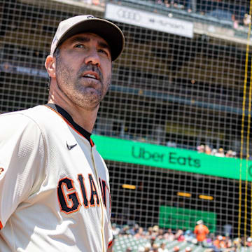 May 18, 2025; San Francisco, California, USA; San Francisco Giants pitcher Justin Verlander (35) walks onto the field before the game against the Athletics at Oracle Park.