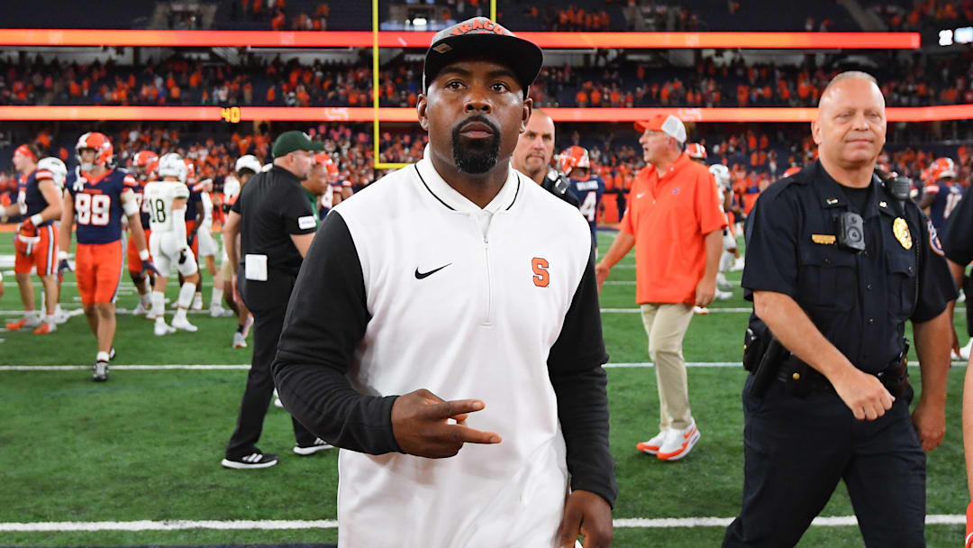 Aug 31, 2024; Syracuse, New York, USA; Syracuse Orange head coach Fran Brown walks on the field after a game against the Ohio Bobcats at the JMA Wireless Dome. Mandatory Credit: Rich Barnes-Imagn Images