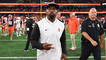 Aug 31, 2024; Syracuse, New York, USA; Syracuse Orange head coach Fran Brown walks on the field after a game against the Ohio Bobcats at the JMA Wireless Dome. Mandatory Credit: Rich Barnes-Imagn Images