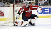 Mar 14, 2008; Washington, DC, USA; Washington Capitals goalie Olaf Kolzig (37) defends in the second period against the Atlanta Thrashers at the Verizon Center.  Washington won the game 4-1.  Mandatory Credit: James Lang-Imagn Images