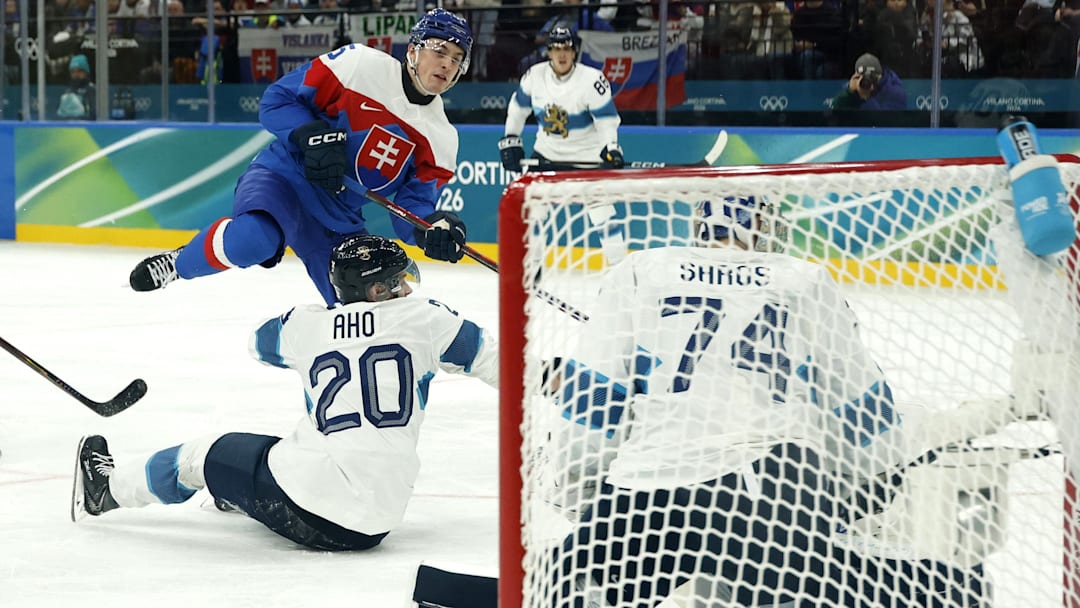 Feb 11, 2026; Milan, Italy; Dalibor Dvorsky of Slovakia scores their second goal against Finland in men's ice hockey group B play during the Milano Cortina 2026 Olympic Winter Games at Milano Santagiulia Ice Hockey Arena. Mandatory Credit: Geoff Burke-Imagn Images Feb 11, 2026; Milan, Italy; Dalibor Dvorsky of Slovakia scores their second goal against Finland in men's ice hockey group B play during the Milano Cortina 2026 Olympic Winter Games at Milano Santagiulia Ice Hockey Arena. Mandatory Credit: Geoff Burke-Imagn Images