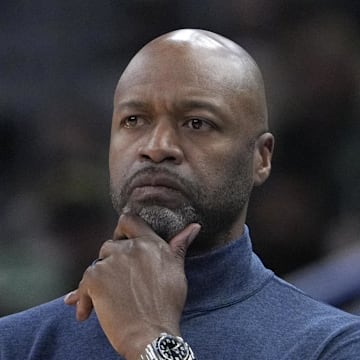 Orlando Magic head coach Jamahl Mosely looks on in the first half against the Milwaukee Bucks at Fiserv Forum.